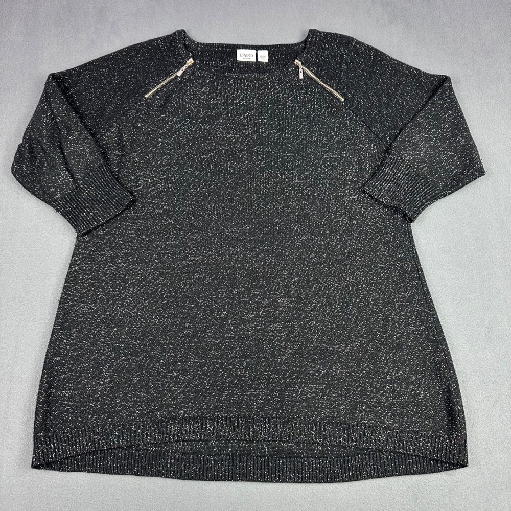 Cato Woman Black Silver Metallic Marled Zipper Shoulder Sweater Plus Size 22/24W